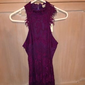 Juniors/women’s plum high neck lace dress.